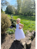 Cap Sleeves White Satin Tulle Pearls Embellished Flower Girl Dress